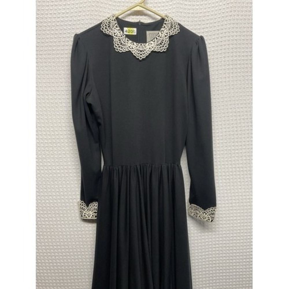VTG Sabino Black Crochet Collar Cuff Waist Defined Midi Church Dress Women 12 US - Picture 5 of 10